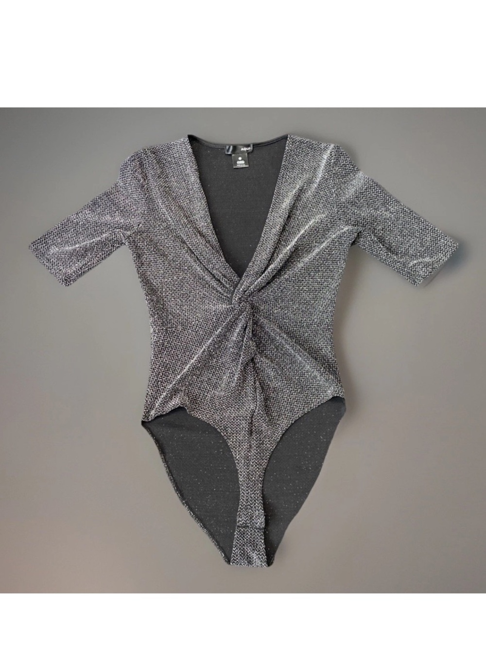 Aqua Women’s Black Sparkles Shimmer Bling  Stretch Bodysuit Sz Small Twist Top